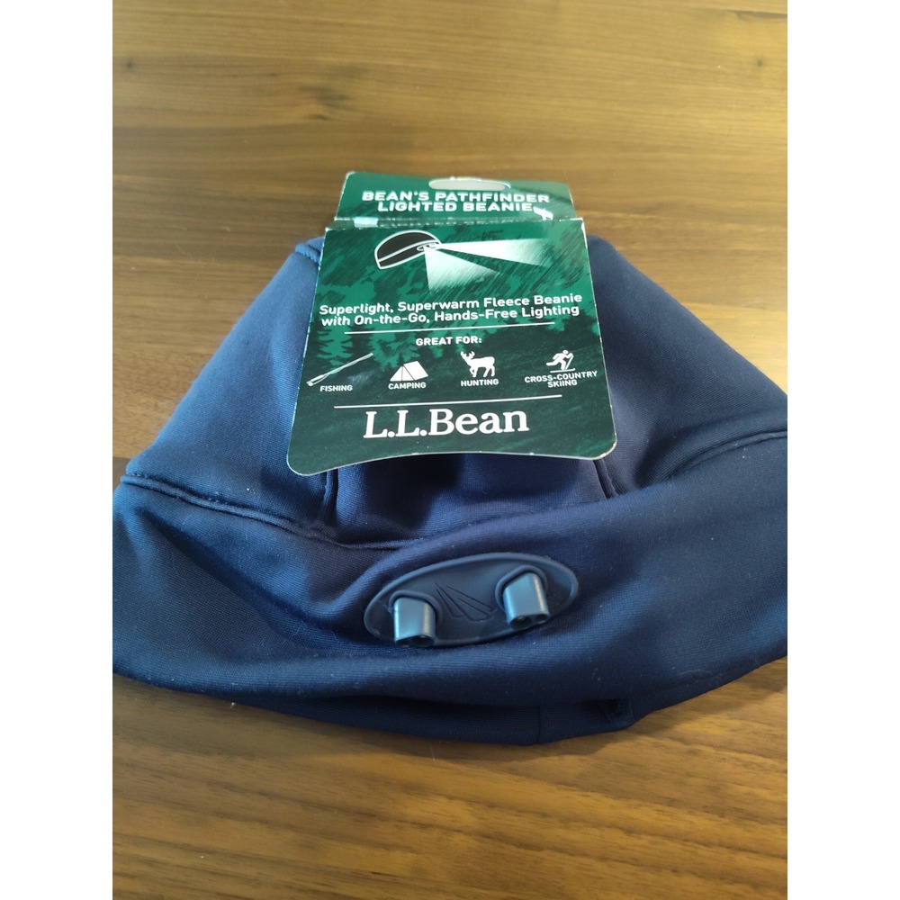 L.L.Bean Pathfinder Lighted Beanie Navy Blue Fleece LED Headlamp Hat One Size